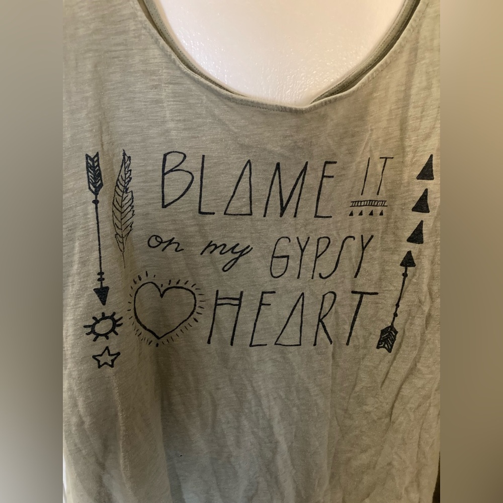 Torrid, sage green, graphic tank top, size 3 “Blame It On My Gypsy Heart” - Picture 2 of 6